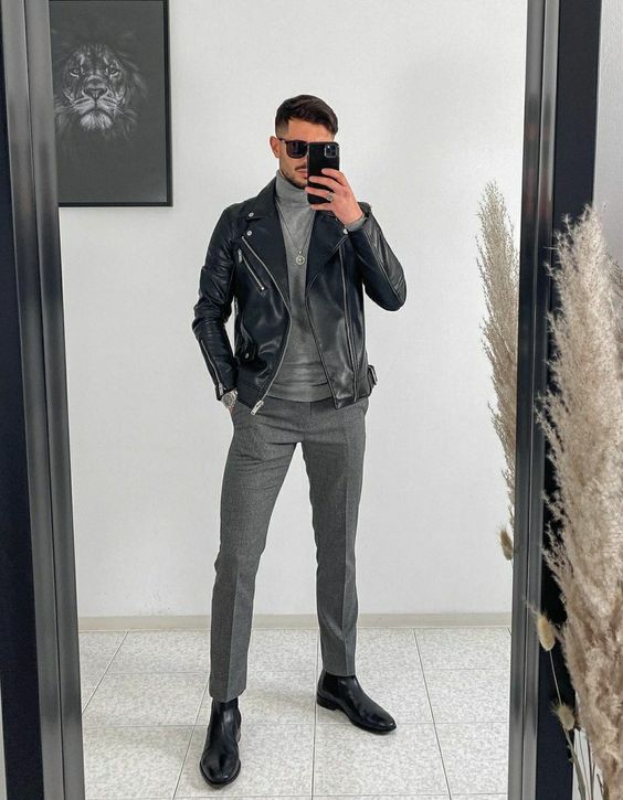 Black Leather Jacket with Grey Pants and Chelsea Boots